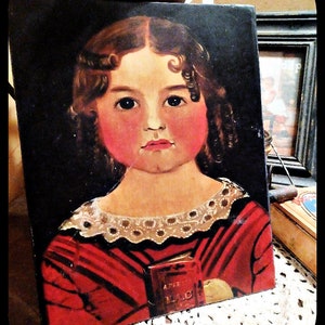Colonial Vintage primitive Distressed   Portrait of Young Girl with red Dress Picture Print Sign 8x10