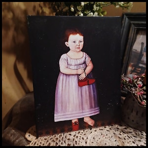 Colonial Vintage primitive Portrait of Young Girl with red Shoes Print Sign Picture 8x10