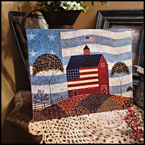Primitive Country Farmhouse Americana Stars and Stripes Flag Saltbox House Barn Patriotic Scene Print Sign Picture 8x10