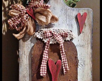 Distressed Primitive Farmhouse Chippy Crackled Hanging Large CUTTING BOARD Sign Plaque Canning Mason Jar with Hearts Kitchen Rag Bow