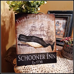 Primitive Vintage Colonial  SCHOONER INN 1736  Ship  Whale Beach Picture Print Sign 8x10