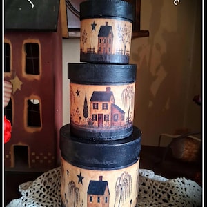 Handmade Pantry  Distressed Primitive Set of 3 Black Canister Stacking Boxes Salt Box House Willow Tree Crow Star