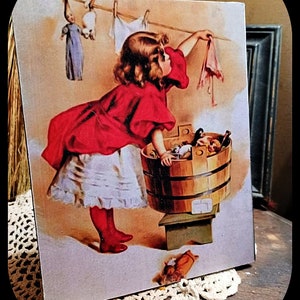 Vintage Distressed  LAUNDRY ROOM Girl Hanging clothes on Clothesline Picture Print Sign 8x10