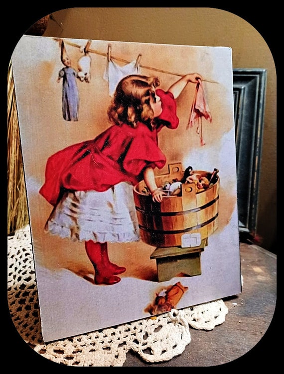 Vintage Distressed LAUNDRY ROOM Girl Hanging clothes on Clothesline Picture  Print Sign 8x10
