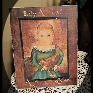 Colonial Vintage Primitive Distressed Portrait Girl with Pheasant Picture Print Sign 8x10