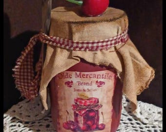 Handmade Pantry Primitive Rustic Farmhouse Grungy Distressed Pint Mason Jar CHERRY JELLY Wooden Spoon Faux Cherry AMERICANA