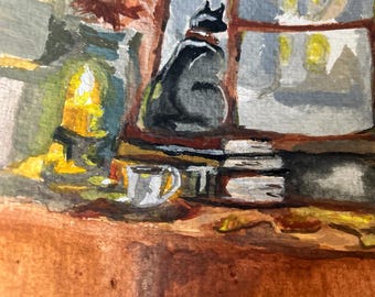 Gatto nero al lume di candela, dipinto originale a guazzo, arte del castello gotico, decorazione murale dark academia, accogliente opera d'arte con gatto stregonesco