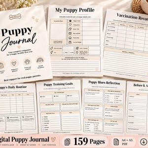 Puede incluir: Un conjunto de diario digital para cachorros que incluye una portada titulada Puppy Journal, una hoja de perfil del cachorro, un registro de vacunación, un rastreador de rutina diaria, objetivos de entrenamiento y un registro de progreso.