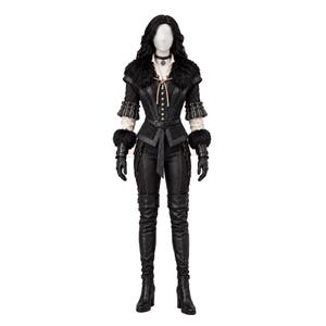 May include: A black costume featuring a fitted jacket with silver buttons, a faux fur collar, and matching cuffs. The outfit includes black trousers with integrated straps, a light-coloured shirt underneath, a choker, and black heeled boots.