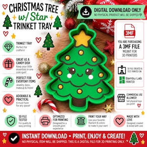 May include: A green Christmas tree-shaped trinket tray with a yellow star at the top and a smiling face with black eyes and pink cheeks. The tray features small yellow circles as ornaments. This is a digital download for a 3MF file for 3D printers.