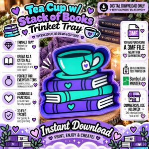 Tea Cup w/ Stack of Books Trinket Tray 3MF File, 3D Print File, Decor, Digital Download
