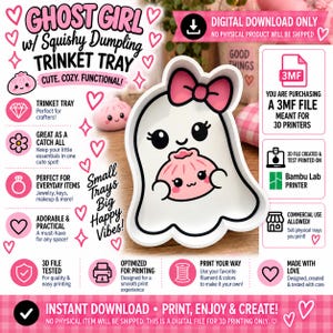 May include: A white ghost-shaped trinket tray featuring a pink bow on top and a small pink dumpling character held in its arms. The tray has black outlines and a smooth finish. This is a digital 3MF file for 3D printing, as indicated by the text.