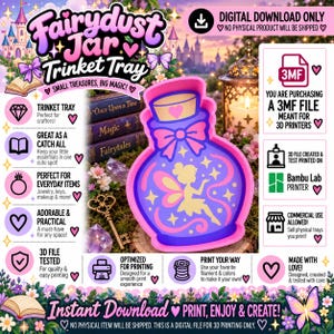 May include: A digital download 3MF file for a 3D printed trinket tray shaped like a potion bottle. The tray features a purple bottle design with a pink rim, a pink bow, and a yellow fairy silhouette in the centre. Text includes Fairydust Jar Trinket Tray.