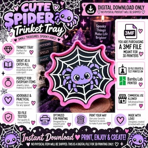 Peut inclure: Un fichier numérique imprimable en 3D pour un plateau à bijoux en forme d'araignée avec une bordure rose et un motif de toile noire avec un graphique d'araignée violette au centre. Le design inclut du texte comme Cute Spider Trinket Tray et 3MF File, indiquant qu'il s'agit d'un téléchargement numérique pour imprimantes 3D, testé sur du matériel Bambu Lab.