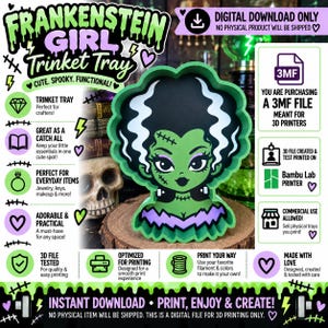 Op de afbeelding: Een 3D-printbestand voor een groen Frankenstein-meisje snuisterijbakje. Het ontwerp toont een gestileerd personage met zwart haar, witte strepen en steken op het voorhoofd. De digitale download bevat 3MF-bestanden voor 3D-printen, geoptimaliseerd voor Bambu Lab-printers, inclusief commercieel gebruik van fysieke prints.