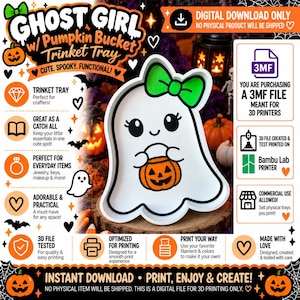 May include: A white ghost-shaped trinket tray featuring a green bow on its head and holding an orange jack-o'-lantern bucket. The tray has black outlines for the eyes, mouth, and arms. This is a digital download for a 3MF file for 3D printing.