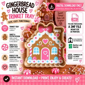 May include: A 3D printable digital file for a gingerbread house trinket tray. The design features a brown house shape with a pink door, a pink bow on the roof, and light blue and pink decorative accents. Text includes GINGERBREAD HOUSE TRINKET TRAY.