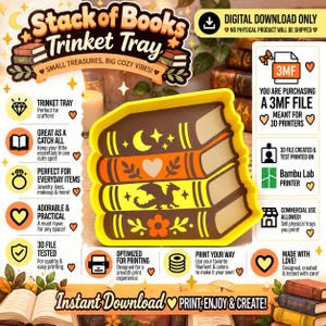 May include: A yellow 3D-printed trinket tray shaped like a stack of four books. The books feature decorative icons including a crescent moon, a heart, a dragon, and a flower. The tray is designed for 3D printing and includes digital file information.