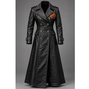 Op de afbeelding: Een zwarte dubbelrijige trenchcoat met een lang silhouet, een ceintuur in de taille, epauletten en een opvallende oranje pompoenafbeelding geborduurd op de linkerborst. De jas is voorzien van metalen knopen en verstelbare mouwboorden.