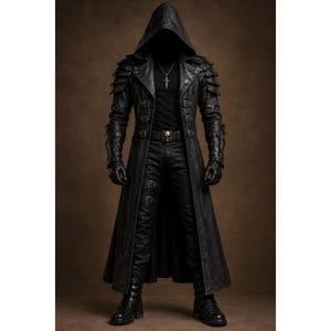 May include: A black hooded long coat featuring layered shoulder detailing, multiple buckle straps across the front, and long sleeves. The outfit includes black trousers with buckled leg straps, a skull-adorned belt, black gloves, and boots.