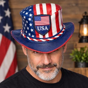 愛国的なアメリカ国旗柄の帽子、星条旗柄のシルクハット、USAシールドパッチ付き帽子、アンクルサムスタイル、メモリアルデー、独立記念日のギフト。
