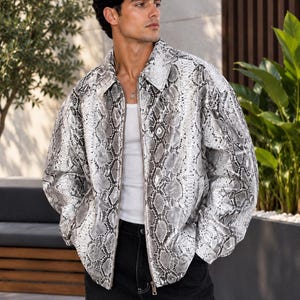 Snakeskin Print Leather Jacket Men, Oversized Python Zip Up Bomber, Streetwear Collared Jacket, Unisex Snake Pattern Coat, Gift for Him.