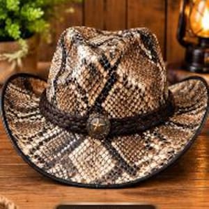 Peut inclure: Un chapeau de cowboy avec un motif peau de serpent marron et noir sur la calotte et les bords. Le chapeau est orné d'une bande tressée marron foncé et d'un ornement métallique circulaire central. Le texte Front View est visible en dessous.