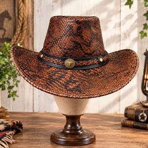 Snakeskin Print Leather Cowboy Hat, Brown Python Western Hat with Braided Band & Bull Skull Concho, Wide Brim Rodeo Hat for Men and Women.