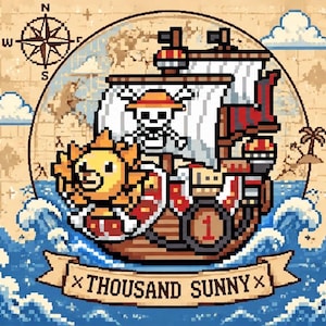 May include: A pixel art illustration of the Thousand Sunny ship featuring a lion figurehead, white sails with a skull and straw hat emblem, and a number one on the hull. The ship is surrounded by blue ocean waves, a compass rose, and a banner reading THOUSAND SUNNY.