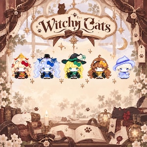 May include: A digital illustration titled Witchy Cats featuring five pixel art characters with cat ears and themed outfits, arranged above an open book, a lit candle, and a sleeping cat, all set against a decorative window background.