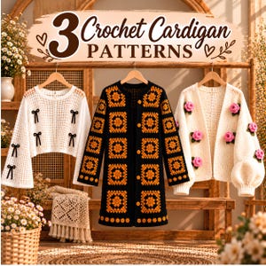 3 Häkelmuster für Strickjacken und Schulterjacken (PDF-Sofortdownload) Moderne Strickjacke mit quadratischer Schleife und Rose, Schulterjackenmuster, digitaler Download, DIY-Kleidung