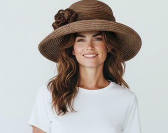 Chapeau de soleil Betmar New York marron à larges bords tissé avec motif floral - Élégant chapeau d'été pour femme