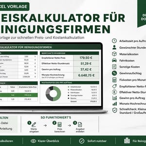 Könnte beinhalten: Eine Excel-Vorlage für Reinigungsfirmen auf einem Laptop-Bildschirm. Die Benutzeroberfläche zeigt einen Preiskalkulator mit Eingabefeldern für Arbeitszeit, Stundenlohn und Kosten sowie berechnete Ergebnisse, ein Ringdiagramm und eine Schnellcheck-Tabelle.