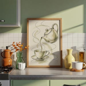 Tea Pot Pouring Cup Illustration Print, Kitchen Wall Art, Sage Green Line Drawing Poster