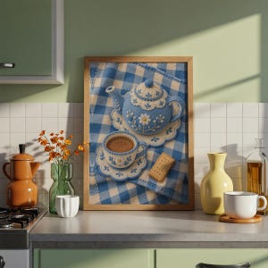 May include: A framed wall art print featuring a blue and white crocheted teapot, a matching teacup filled with brown liquid, and a rectangular biscuit, all resting on a blue and white checkered cloth with embroidered daisy floral patterns.