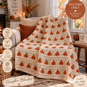 May include: A crochet pattern for a blanket featuring a repeating pumpkin motif. The design consists of an off-white background with small orange pumpkins with green stems. The digital document includes detailed instructions for this beginner-friendly project.