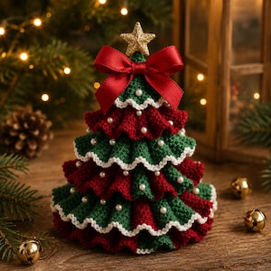 May include: A crocheted Christmas tree ornament featuring alternating ruffled tiers of dark green and deep red yarn. The edges are trimmed in white, accented with small white pearls, and topped with a gold glitter star and a red satin bow.