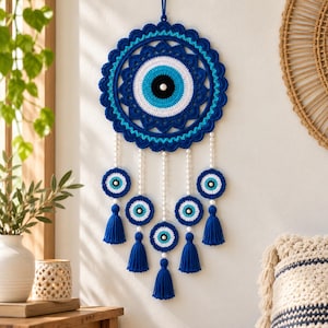 Virkmönster för väggbonad med onda ögonen i PDF-format, boho mandala med pärlor och tofsar