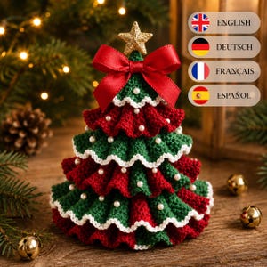 Crochet Christmas Tree Pattern PDF, Ruffled Layered Tabletop Christmas Decor, English German French Spanish