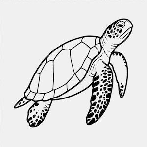 Peut inclure: Une illustration en noir et blanc au trait représentant une tortue de mer. La tortue est dessinée de profil, montrant une carapace détaillée avec des écailles géométriques, une tête à motifs et des nageoires avec des taches sombres distinctes.