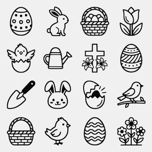 Könnte beinhalten: Eine Sammlung von sechzehn schwarz-weißen Strichzeichnungen mit saisonalen Motiven, darunter verzierte Eier, ein Hase, ein Korb, eine Tulpe, ein aus dem Ei schlüpfendes Küken, eine Gießkanne, ein Kreuz mit Lilien, eine Gartenschaufel und ein Vogel.