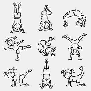 May include: A collection of nine black and white line art illustrations depicting a person with pigtails performing various gymnastic poses, including handstands, backbends, cartwheels, and floor exercises, all wearing a t-shirt and shorts.