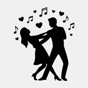 May include: A black silhouette graphic featuring two figures dancing together. The design includes floating musical notes and heart shapes surrounding the pair, with one figure leaning back while the other supports them in a classic dance pose.