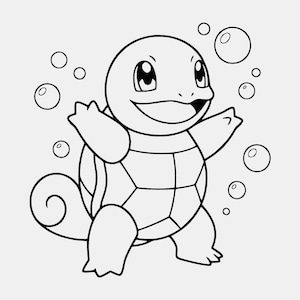 May include: A black and white line art illustration of a small turtle-like creature with a rounded shell, large eyes, and a curled tail. The creature is standing with arms raised, surrounded by several floating circular bubbles of varying sizes.