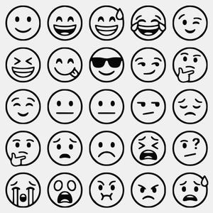 Peut inclure: Une collection de vingt-cinq icônes emoji circulaires en noir et blanc disposées en une grille de cinq par cinq. Chaque icône présente une expression faciale distincte, incluant des visages souriants, rieurs, pleurants, pensifs et en colère.