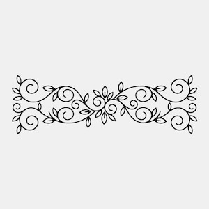 May include: A black line art graphic featuring a symmetrical horizontal design of swirling vines and small leaves. The pattern extends outward from a central cluster of foliage, creating a continuous decorative border with curved lines.