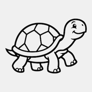 以下が含まれることがあります： 微笑むカメの白黒の線画イラスト。カメは右を向いた横顔で描かれており、六角形の模様が入った丸みを帯びた甲羅、爪が見える4本の頑丈な足、そして小さな尻尾が特徴です。