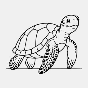May include: A black and white line art illustration of a sea turtle. The turtle is depicted in profile, facing right, with a detailed shell featuring geometric plates and flippers covered in small, dark, circular spots. The turtle has a smiling face.