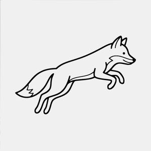 May include: A black and white line art illustration of a fox in a mid-air jumping pose. The fox is depicted in profile with a pointed snout, upright ears, and a bushy tail with a distinct tip. The design uses clean, bold outlines on a plain background.