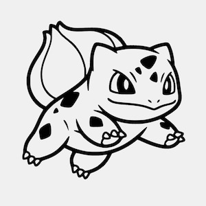 May include: A black and white line art illustration of a fictional creature with a large bulbous plant structure on its back. The creature has pointed ears, wide eyes, and distinct diamond-shaped spots on its forehead and body, rendered in bold strokes.